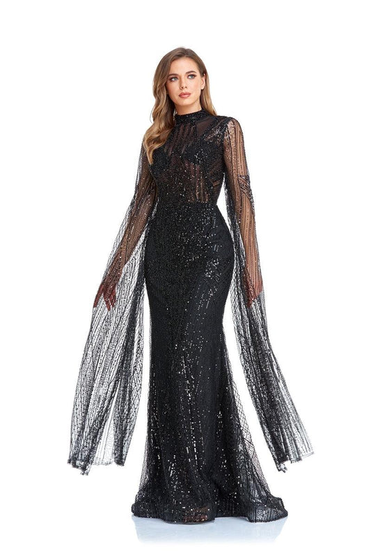 High Couture NR2260 Long Sleeve Formal Cape Dress